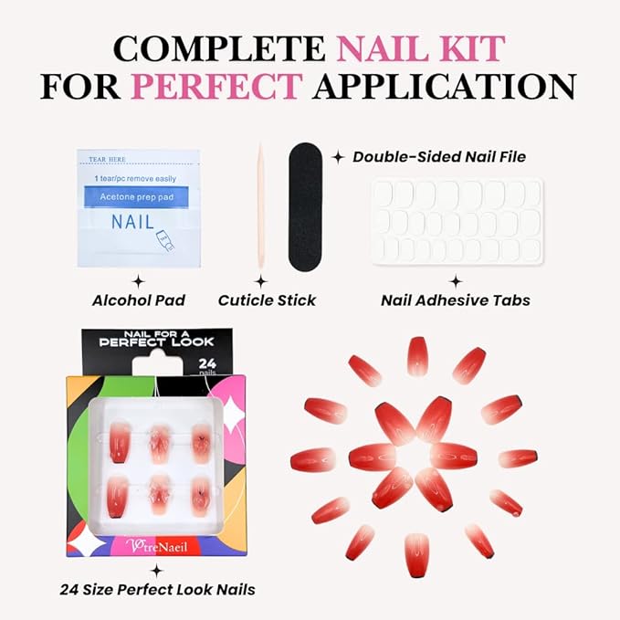 Perfect Look Press On Nails - Peach Bow | No Glue One-Day Short Coffin Nails, Red Ombre Nails with 3D Ribbon Charms - 24 Pcs Nail Kit with Adhesive Tabs