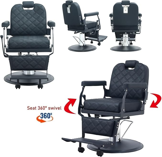 Kaleurrier Black Salon Chair Reclining: Professional Hydraulic Barber Chairs with Headrest and Footrest - Adjustable Heavy Duty Styling Chair for Home Hair Beauty Salon Massage Barbershop Tattoo