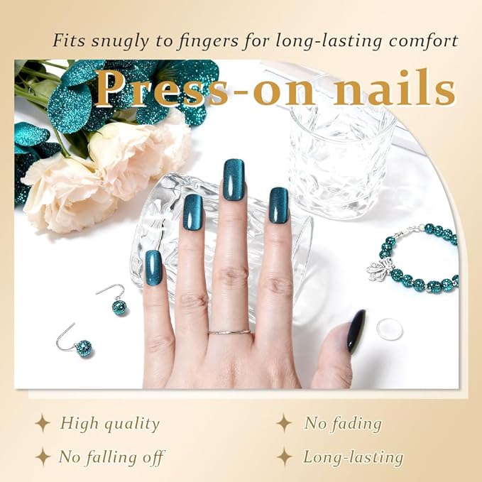 Cat Eye Teal Green Press On Nails Medium Long Length Square, Designer Reusable Acrylic Fake Nail with 24 ps, Glossy Gel Nails Wedding Party, Stick On Glue On Nail, Nails Press Ons for Women