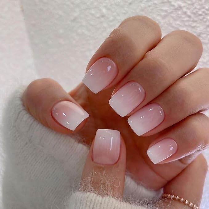 KQueenest French Pink Press on Nails Short Square, Gradient Pink Nails Set, Glazed Gel Nails Press on Acrylic, Pure Fake Nails Short Nails Glue on Natural, Small Stick on Nails for Women Finger Wear