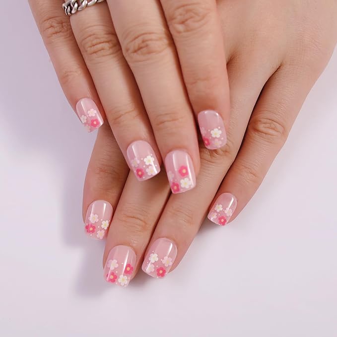 Summer Press on Nails Short Square, Pink Fake Nails with Cute Blossom Designs, Glossy Gel Finish Acrylic Nails, Thick Natural Reusable Glue on Nails Kit for Women, 15 Sizes - 30Pcs, Sweet Bloom