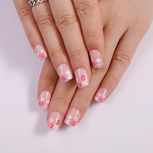 Summer Press on Nails Short Square, Pink Fake Nails with Cute Blossom Designs, Glossy Gel Finish Acrylic Nails, Thick Natural Reusable Glue on Nails Kit for Women, 15 Sizes - 30Pcs, Sweet Bloom