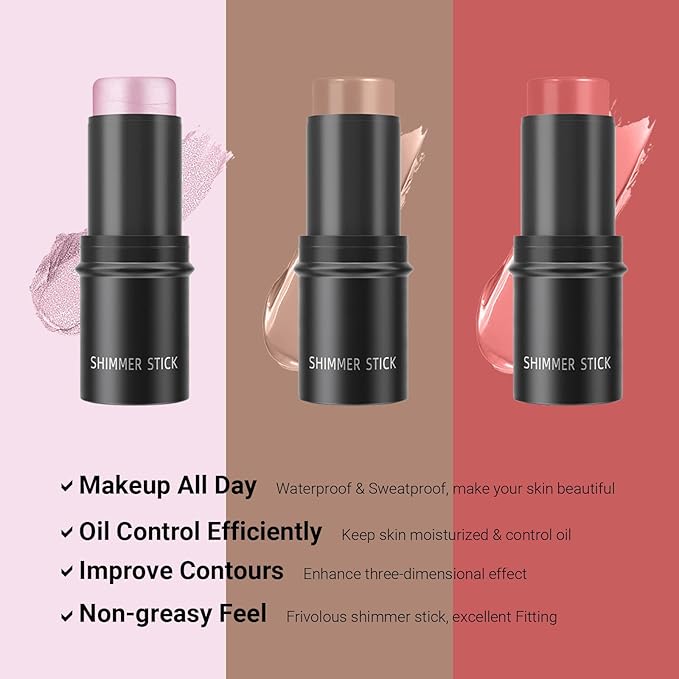 3-in-1 Cream Contour Stick with Highlighter, Bronzer, Illuminator & Blush, Face Contour Stick Makeup with Brush & Sponge, Long Lasting