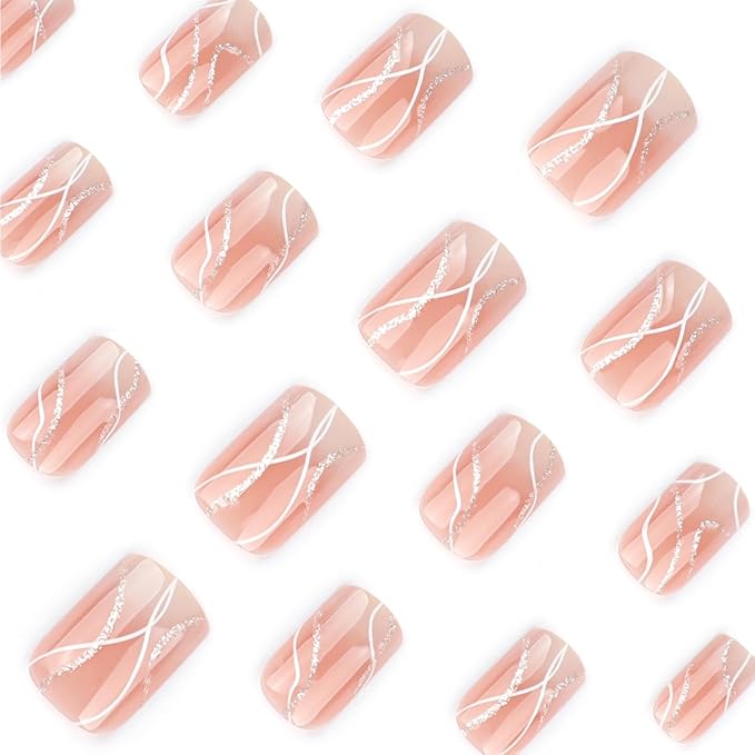 Medium Press on Nails Square Fake Nails Gradient Pink Stick on Nails White Wave Line Acrylic Nails with Silver Designs Full Cover Glue on Nails Reusable Nude False Nails for Women Girls Nail Art Decor