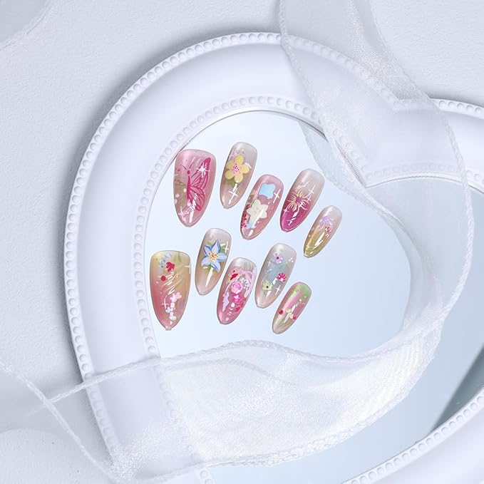 30Pcs Handmade Press on Nails Medium Almond Fake Nails 3D Flower False Nails with Pearl Rhinestones Design Summer Glue on Nails Cute Colorful Floral Acrylic Nails Full Cover Artificial Nails for Women