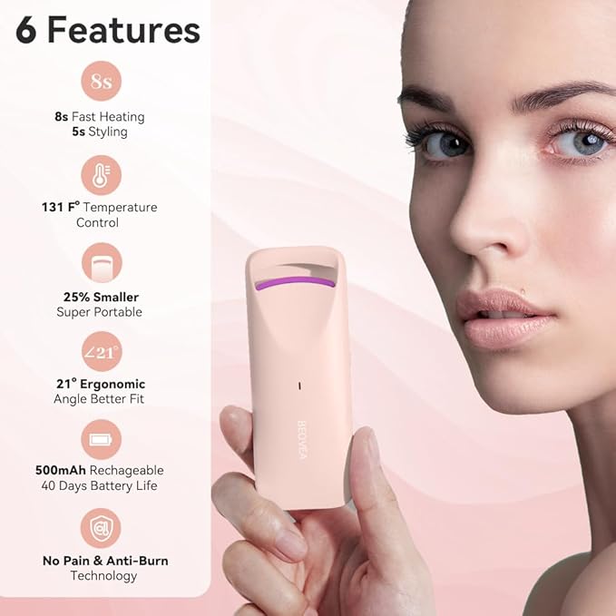 Heated Eyelash Curler - Electric Eyelash Curler with Heat Sensitive Silicone Pad, Type-C Rechargeable Mini Lash Curler, 8s Fast Heating 24hrs Long Lasting Lash Lift to Style Natural Eyelashes