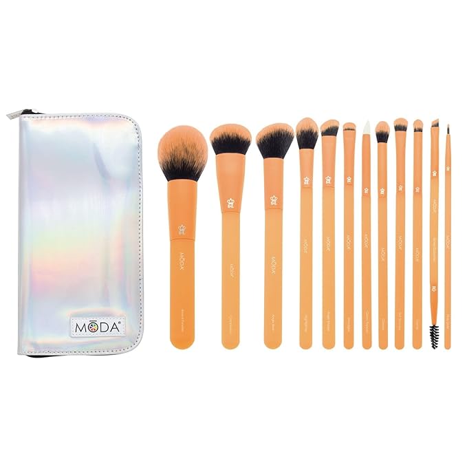 MODA Totally Electric Neon Orange Full Face Makeup Brush Kit – 13pc Vibrant Brush Set for Face & Eyes with Zip Case
