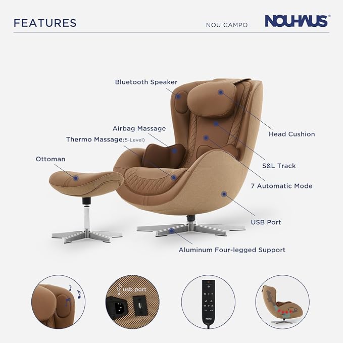 Nouhaus NOU Campo Heated Massage Chair,Full Body Massaging Zero-Gravity Leisure Recliner with Low-Noise 3D Massage and Dual Sound Systems Modern Massage Chairs (Dark Caramel)