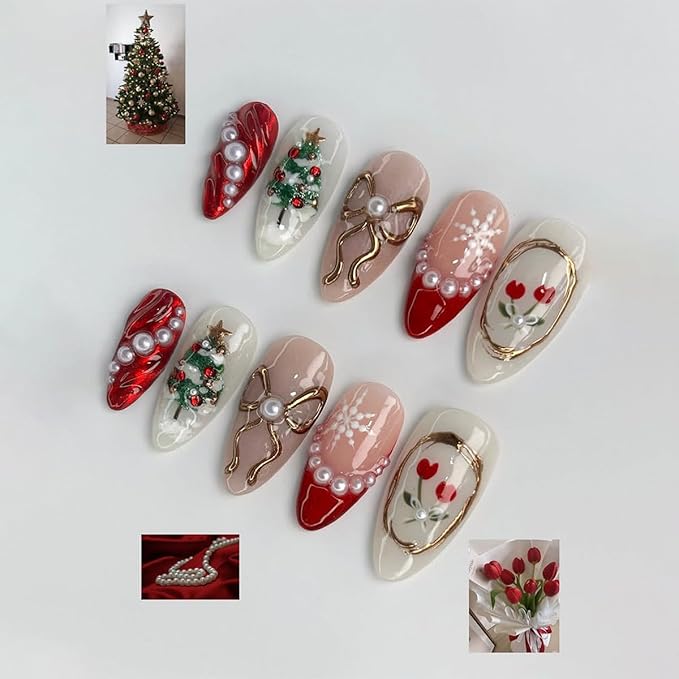 30Pcs Christmas Press on Nails Medium Almond Fake Nails 3D Gold Bow Christmas Trees Snowflake False Nails with Pearl Rhinestones Design Red French Tips Glue on Nails for Women Winter Nail Decortion
