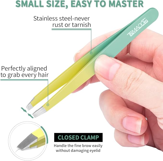 TsMADDTs 7PCS Tweezers Set for Women Facial Hair, Precision Tweezer for Eyebrows with Curved Scissor and Eyebrow Razor for Ingrown Hair, Yellow&Green