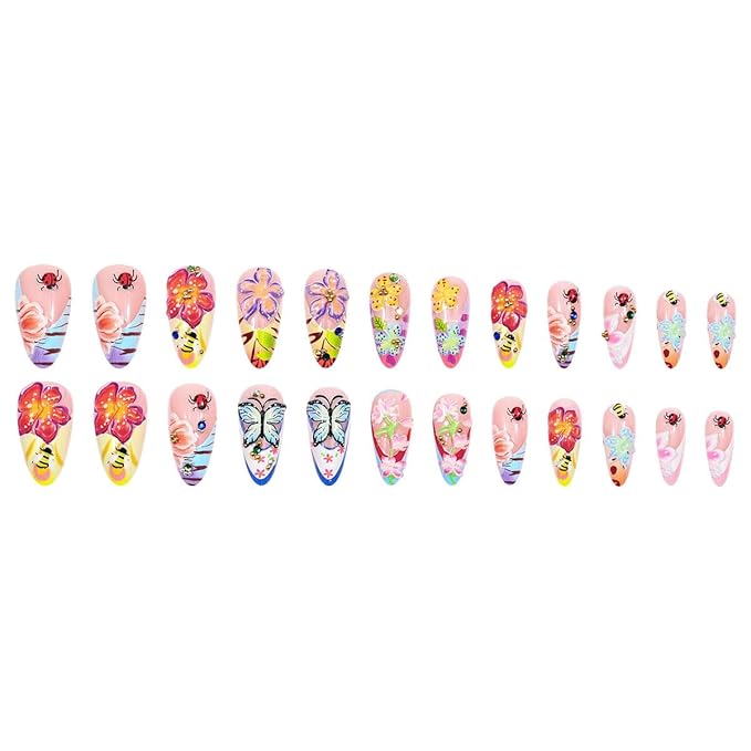 24Pcs Flower Press on Nails Medium Almond French tip Fake Nails 3D Colorful Flower Butterfly with Rhinestones Glitter Designs Full Cover Stick on Nails Summer False Nails for Women Girls Acrylic Nails