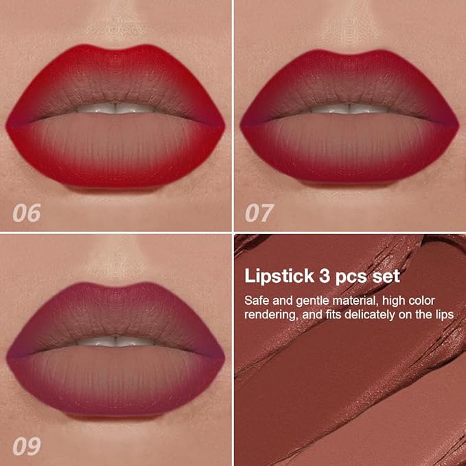 evpct 3Pcs Ruby Plum Red Mauve Gradient Matte Lipstick Lip Liner Crayon Combo Pencil Set for Women Long Lasting, Cream Lipliner and Lipstick Combo Makeup Set, Flawless Gradual Lip Bar Ombre Effect