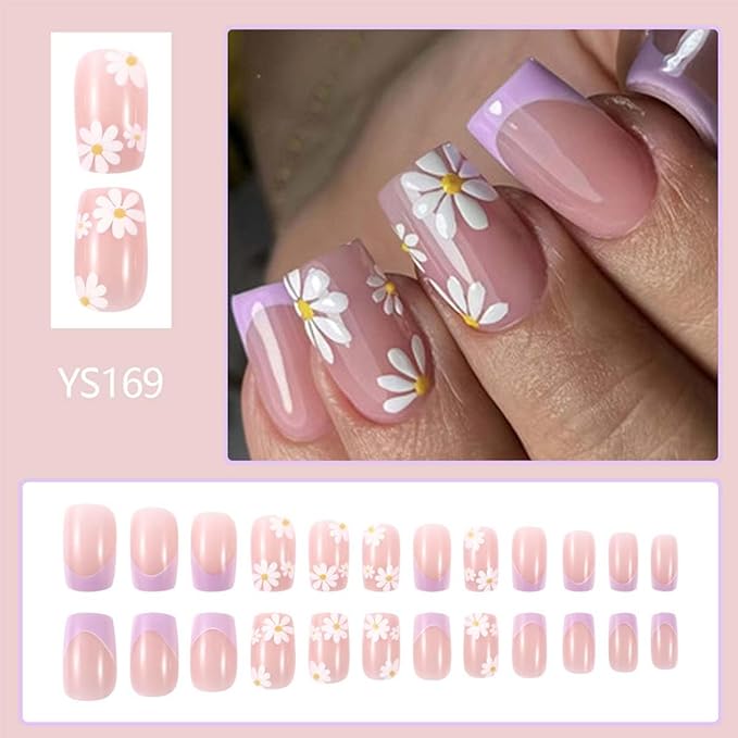 Square Press on Nails Medium Fake Nails French Tip False Nails with Flower Design Nude Acrylic Nails Artificial Nails Glossy Full Cover Glue on Nails Stick on Nails for Women Manicure 24Pcs