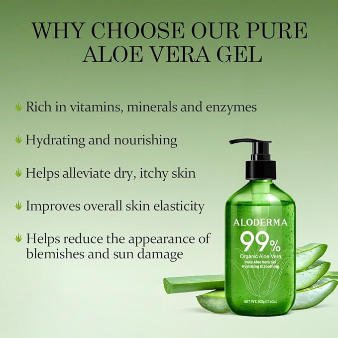 Aloderma 99% Organic Pure Aloe Vera Gel Made within 12 Hours of Harvest, 17.6oz Value Pump, Lightweight Non-Sticky Aloe Vera Gel for Sunburn Relief, Natural, Soothing Aloe Vera for Face & Hair, 3-Pack