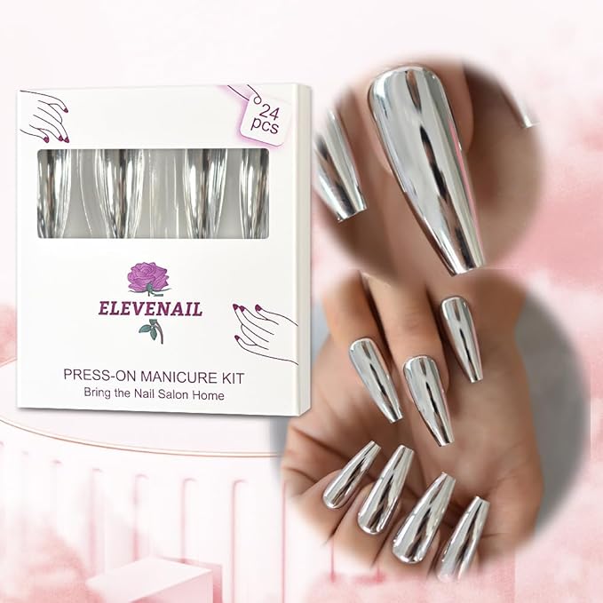 Super Long Shiny Punk Style Silver Coffin Ballerina Press on False Nails Metallic Acrylic Nails Reflective Mirror Nail Art Tips for party show
