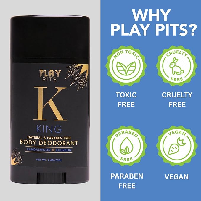 PLAY PITS - 2 Pack - Natural Deodorant - Safe for Men & Women w/Sensitive Skin - Clean, Non-Toxic, & Paraben Free – KING Scent - Infused w/Essential Oils – 2.65 Oz.