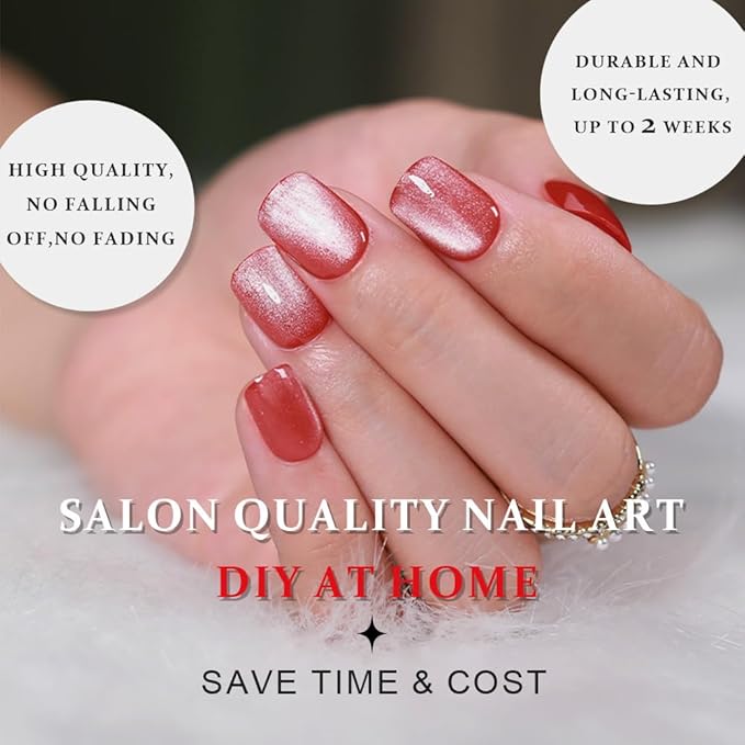 evpct Pink Cat Eye Extra Short Press on Nails Square, Petite Short Square Glue on Nails for Women Gift, Red Nude Pink Metallic Glitter Glossy Reusable Stick Gel Press on Acrylic Fake Nail with Designs