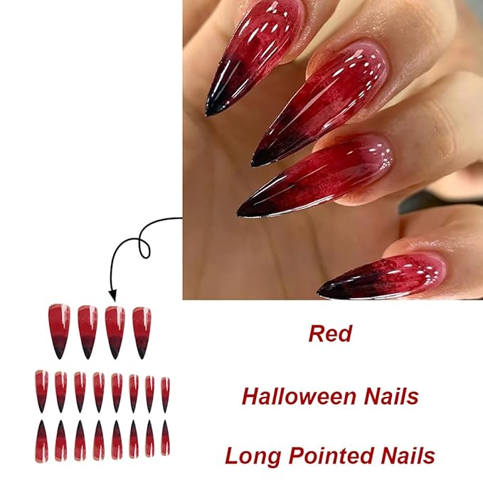 24Pcs Gothic Press on Nails Long Stiletto Fake Nails with Scary Bloody Designs Red Gradient French Tip Press Ons Halloween False Nails Glossy Full Cover Stick on Nails for Women Acrylic Manicure DIY
