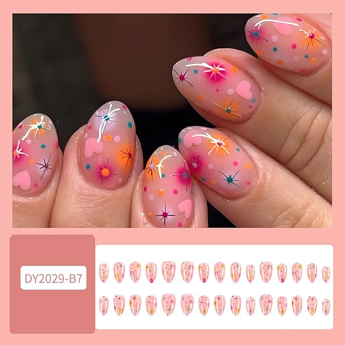 Press on Nails Short Oval Pink Love Heart Stars Pattern Design Full Cover Glossy Acrylic Fake Nails Press Ons Artificial Stick on Nail Short 24Pcs Reusable Glue on Nails for Women