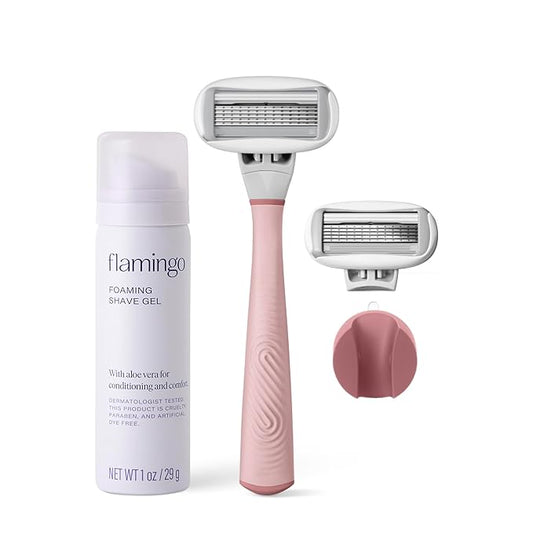 Flamingo Razors for Women Shave Set, 1 Women's Razor Handle (Rose), 2 Razor Five-Blade Refills, 1 oz. Foaming Shave Gel, and 1 Shower Holder