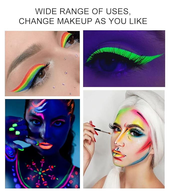 MEICOLY 8 Colors Water Activated Eyeliner Palette,Neon UV Colored Retro Hydra Liner,Smudge-proof Eyeliner Glow Fluorescent Halloween Green Black White Body Paint,03