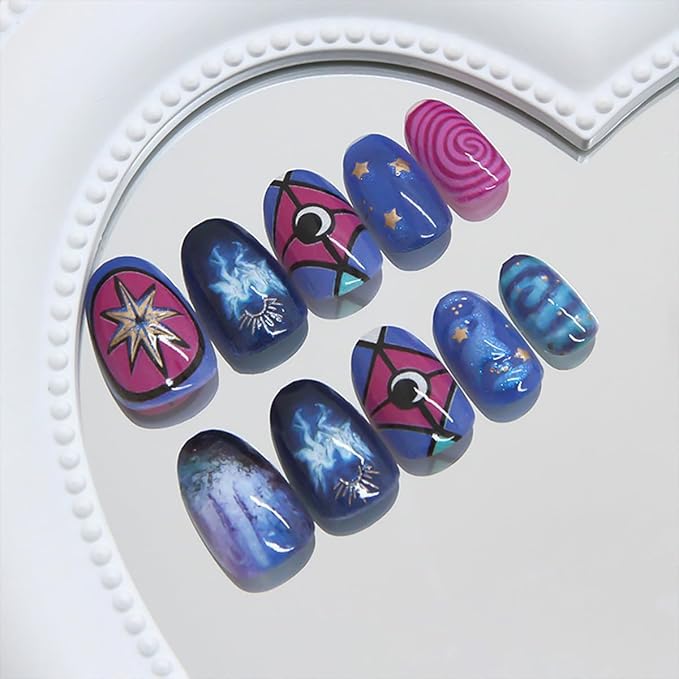 24Pcs Halloween Press on Nails Short Almond Fake Nails Star False Nails with Ghost 3D Y2k Gilding Moon Design Glitter Purple Vortex Glue on Nails Full Cover Artificial Stick on Nail for Women DIY