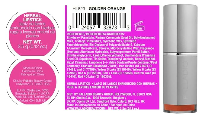 Palladio Herbal Lipstick, Rich Pigmented and Creamy, Infused with Aloe Vera, Chamomile & Ginseng, Prevents Lips from Drying, Combats Fine Lines, Long Lasting Lipstick, Golden Orange