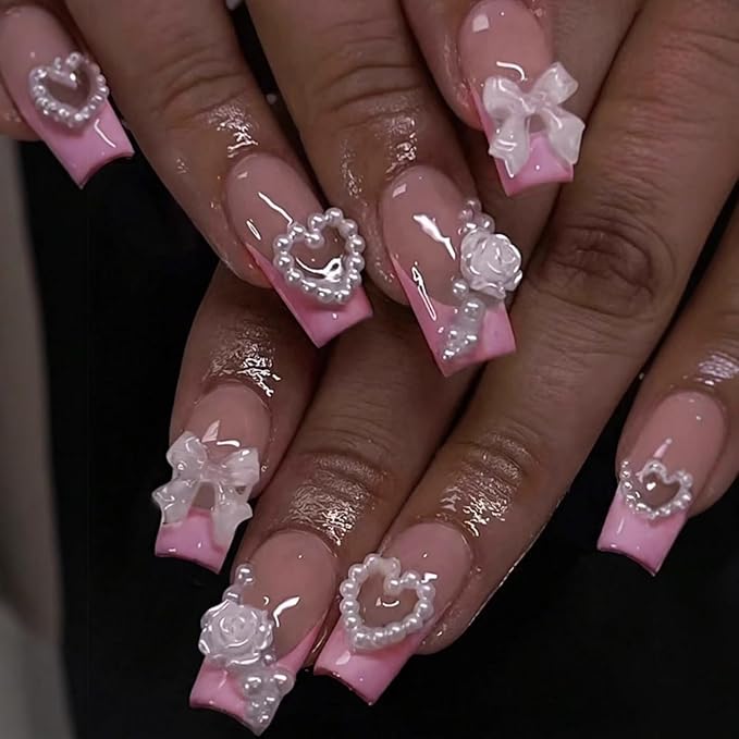 Pink French Tip Press on Nails Medium Square Fake Nails with Designs 3D Bow Flower Heart Rose Pearls False Nails Glossy Glue on Nails Full Cover Acrylic Stick on Nails for Women 24 Pcs