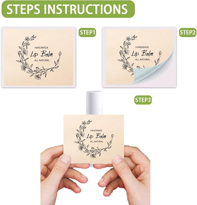 OLYCRAFT 100Pcs 4 Style Lip Balm Label Sticker Word Labels Stickers Adhesive Lip Balm Label Sticker Plastic Lipstick Tag Stickers for Lip Balm Container Tubes 1.7x2.1 inch