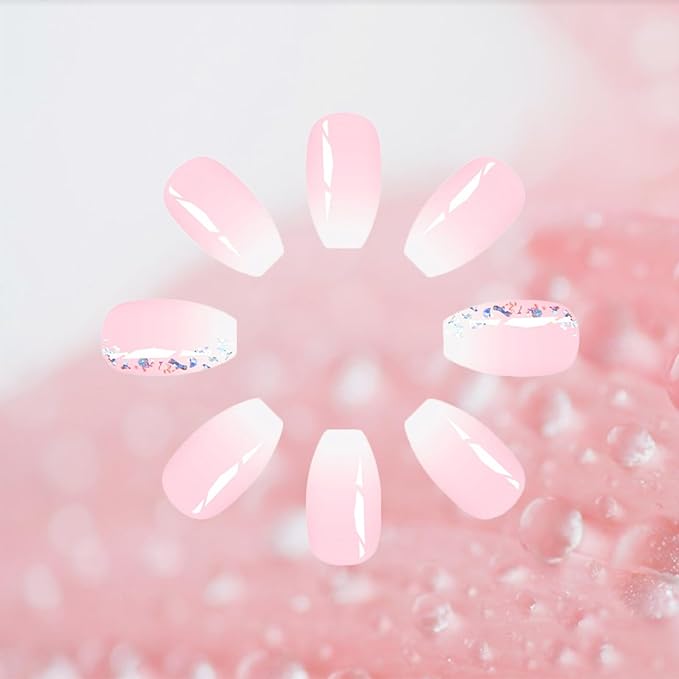 24Pcs Pink Gradient Press on Nails Sequin Gel Glue on Fingernails White Ombre Acrylic Full Cover Fake Nails Glossy Silver Glitter Medium Coffin False Nail Simple Stick on Nail for Holiday Manicure Art