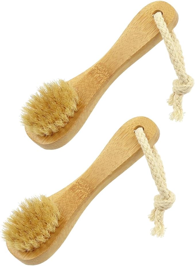 2 Pack 5.7" Bamboo Handle Dry Facial Cleansing Brush with Natural Boar Bristles, Face Brush Cleanser Skin Care Exfoliating Brush Scrubber.