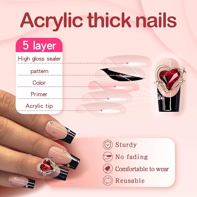 Yivaiks French Tip Nails - Black Press On Coffin Nails, Acrylic, 24pcs