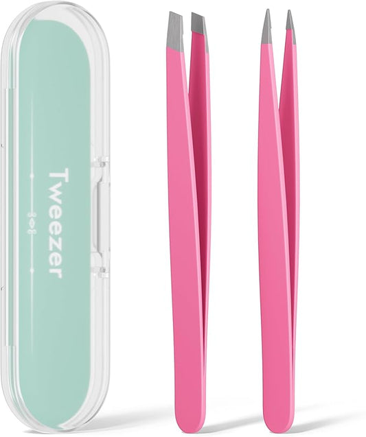 Tweezers for Women Facial Hair, Slant & Pointed Tweezers for Eyebrows, Ingrown Hair, Splinter Removal, 2 Pack Tweezer Set, Professional Stainless Steel Eyebrow Tweezers for Men and Women, Pink