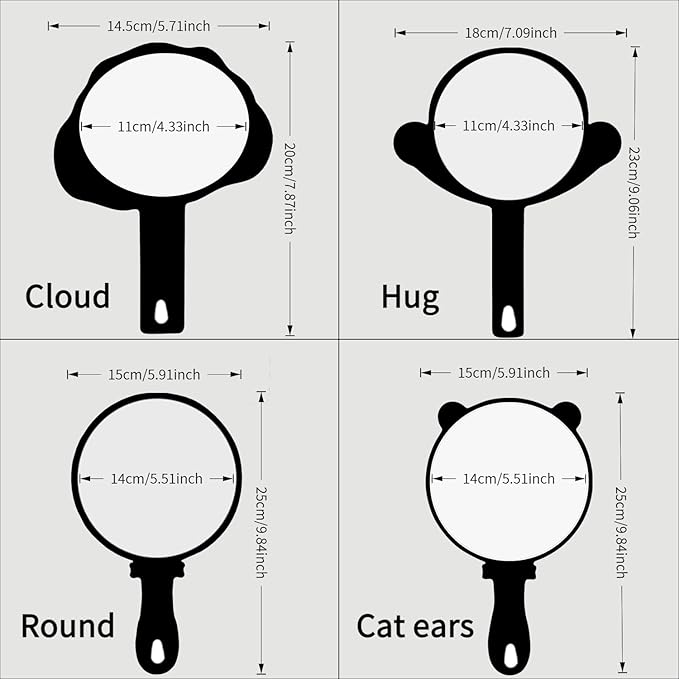 2 Pcs Compact Hand Mirror – High Definition Glass, Big Men or Women Barber Hand Mirrors with Handle, Mini Mirror for Personal Purse Pocket Travel and Gift(Black, 5.91" L x 9.84" W (Cat Ears))