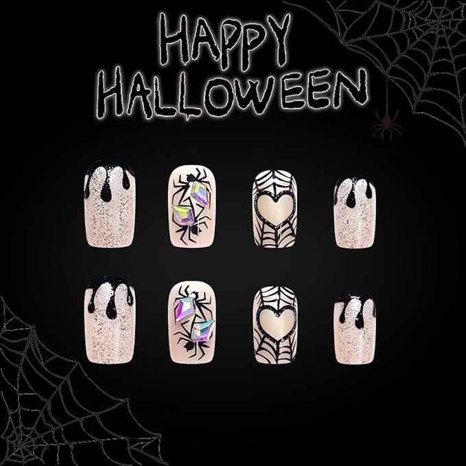 24Pcs Halloween Press on Nails Short Square Black Spider Fake Nails with Rhinestones Design Horror False Nails Bloody Drop Full Cover Artificial Tip Glue on Nail Holiday Goth Stick on Nail for Women