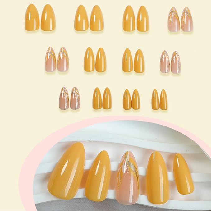 IMRAIN Almond Press on Nails Medium False Nails Yellow Full Cover Acrylic French Glue on Nails Glossy Artificial Stick on False Nails for Women 24Pcs