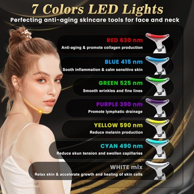 Facial Beauty Device, Portable Facial Skin Care Tools, Based on LED, Thermal, Vibration Technology, 7 Color Led Face and Neck Beauty Device for Home Use
