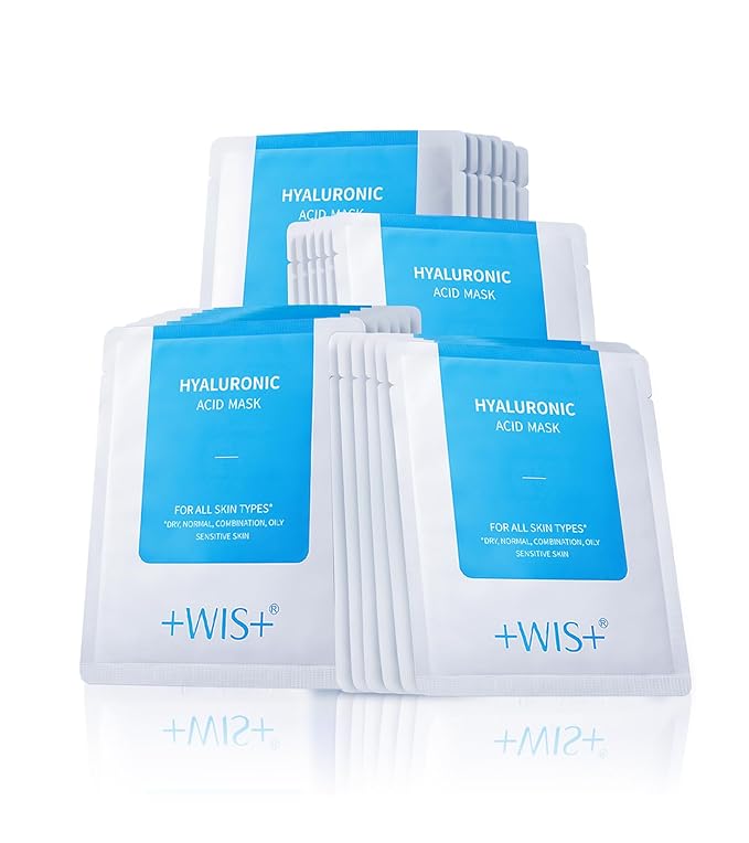 +WIS+ Hyaluronic Acid Face Mask 24 EA with Hyaluronic Acid Serum and Vitamin B5, Hydrating Facial Mask for Dry Skin, Anti-Aging Mask to Plump and Repair Dehydrated Skin, Safe on Sensitive Skin