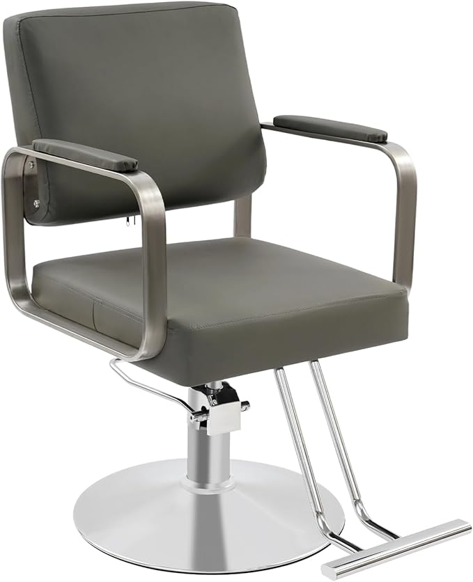 Barber Salon Chair, Hair Salon Chair for Hair Stylist for Barbershop Home Height Adjustable & 360° Swivel Styling Barber Chairs Spa Beauty Equipment, Max Load Weight 440Lbs (Grey+Silver)