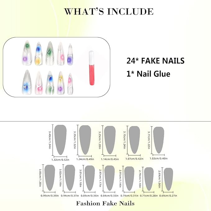 IMRAIN Press on Nails Long Stiletto Fake Nails White Glossy False Nails with Color Ombre Design Silver Line Full Cover Artificial Stick on Nails for Women Manicure 24Pcs