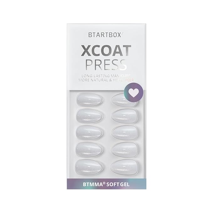 BTArtbox Press On Nails Short - Lamp-Curable White Cat Eye Almond Press On Nails with Glue for Women, Semi-Transparent Soft Gel Glue On Nails in 16 Sizes - 32 Stick On Nails Kit, Whitecaps