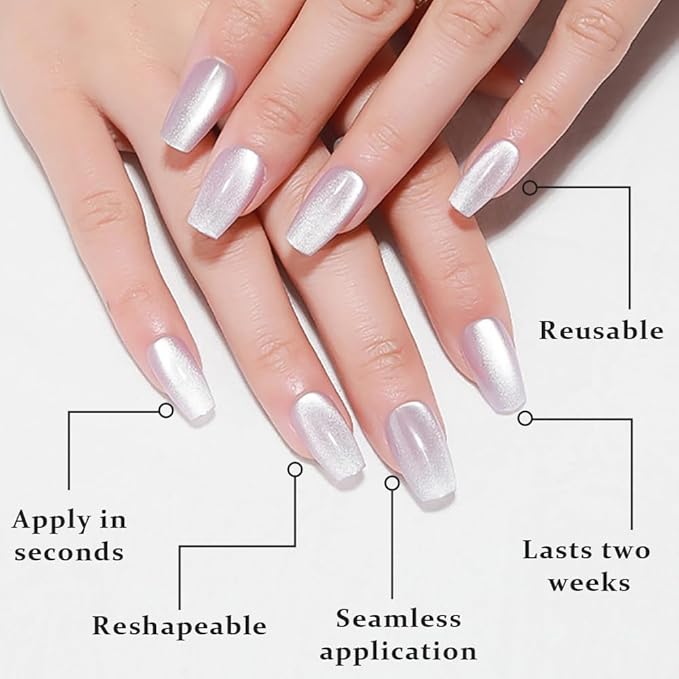 evpct Cat Eye Coffin Press on Nails Square Medium, Medium Square Glue on Nails for Women Gift, Light Lavender Purple Metallic Glitter Glossy Reusable Spring Summer Gel Press on Fake Nail with Designs