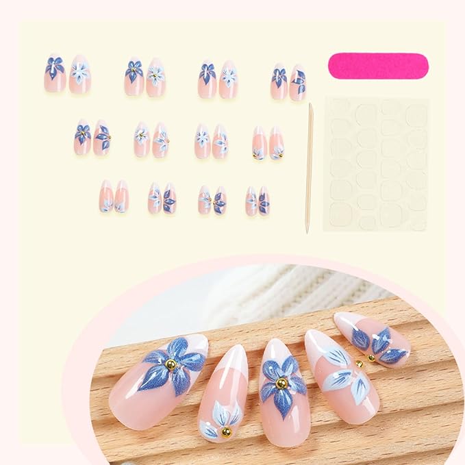 24pcs White French Tip Press on Nails Medium Almond Fake Nails with 3D Flower Gold Beads Designs Blue Floral Glue on Nails Summer False Nails Kit Acrylic Nail Tips Full Cover Stick on Nails For Women
