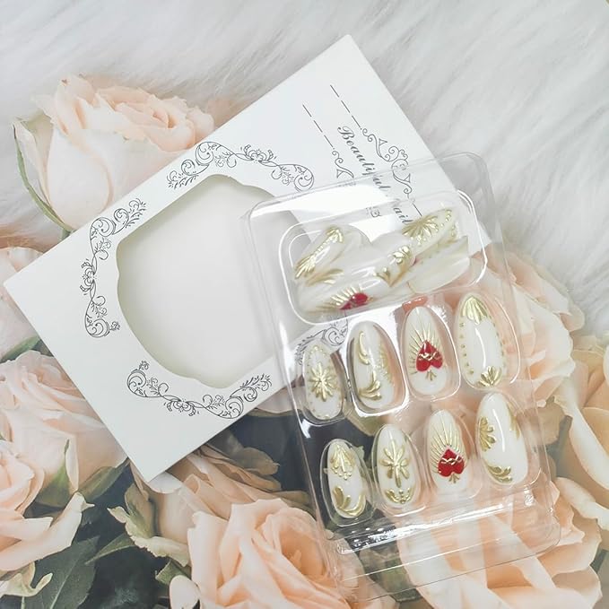 Press on Nails Medium Almond Fake Nails 3d Gold Chrome Flower Acrylic Nails with Red Heart Designs Glossy White Glue on Nails Full Cover Artificial Stick on Nails for Women Manicure 24Pcs