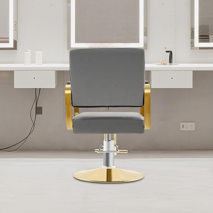 Barber Salon Chair, Hair Salon Chair for Hair Stylist for Barbershop Home Height Adjustable & 360° Swivel Styling Barber Chairs Spa Beauty Equipment, Max Load Weight 440Lbs (Grey+Gold)