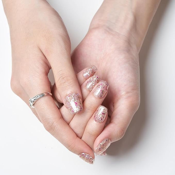 GLAMERMAID Press on Nails Extra Short Square, Spring Handmade Glitter Dazzling Light Gel Glue on Nails, Glossy Fake Nails Reusable Acrylic False Nails Manicure Kits for Women
