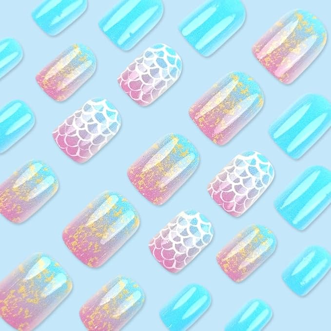 Blue Scale Press on Nails Short Square Fake Nails Summer Acrylic Full Cover Glossy Glue on Nails with Cute Designs Short Stick on Nails Artificial Nails for Women Girls Nail Art Decorations 24Pcs