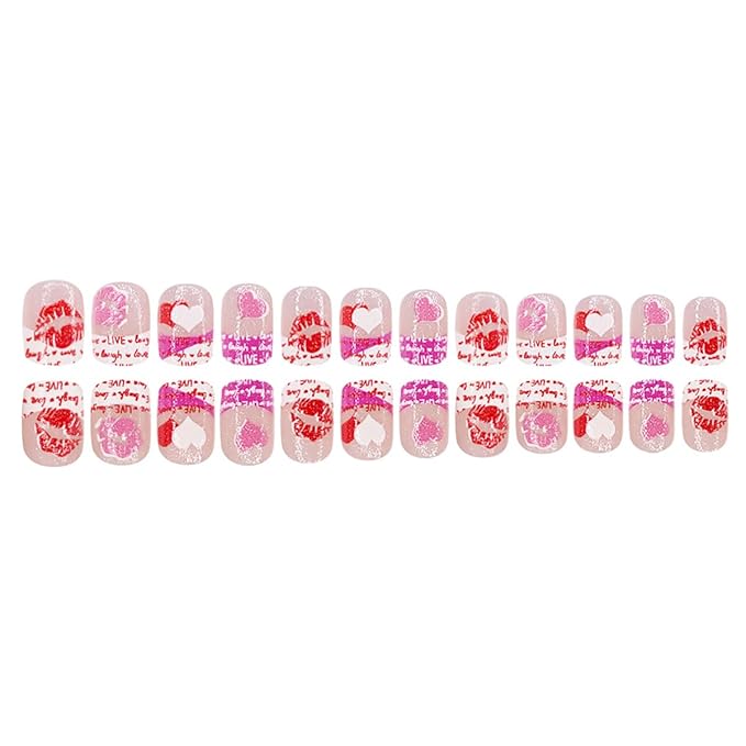 24Pcs Valentines Press on Nails Short Square Fake Nails French Tip Press ons with Sexy Lip Design Glossy Glue on Nails Love Heart False Nails Romantic Acrylic Artificial Nails for Women Manicure