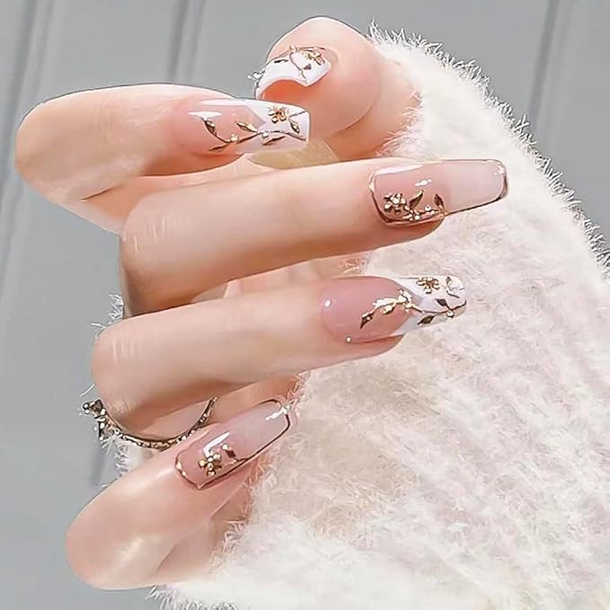 RikView French Tips Press on Nails Long Fake Nails White Nails Glossy Coffin Nails for Women 24 PCs/Set