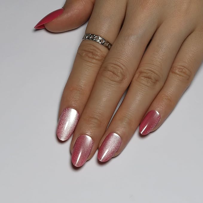 Red Almond Press On Nails Short Cat Eye Press on Nails with Glue for Women Ashionable Gel False Nails Reusable Acrylic False Nails Women's Glitter Nails Glue On Nails Kit, Plum Red